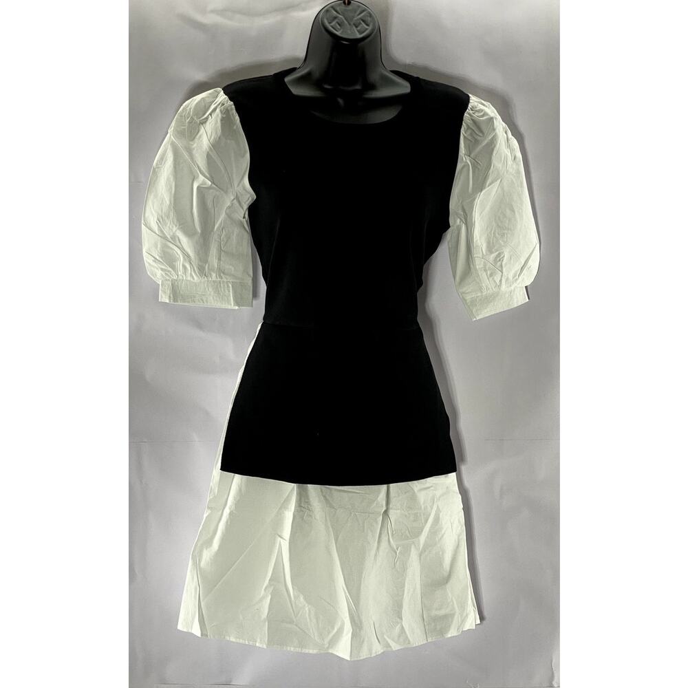 ENGLISH FACTORY Women's Black/White Short Puff Sleeve Poplin Mini Dress SZ L